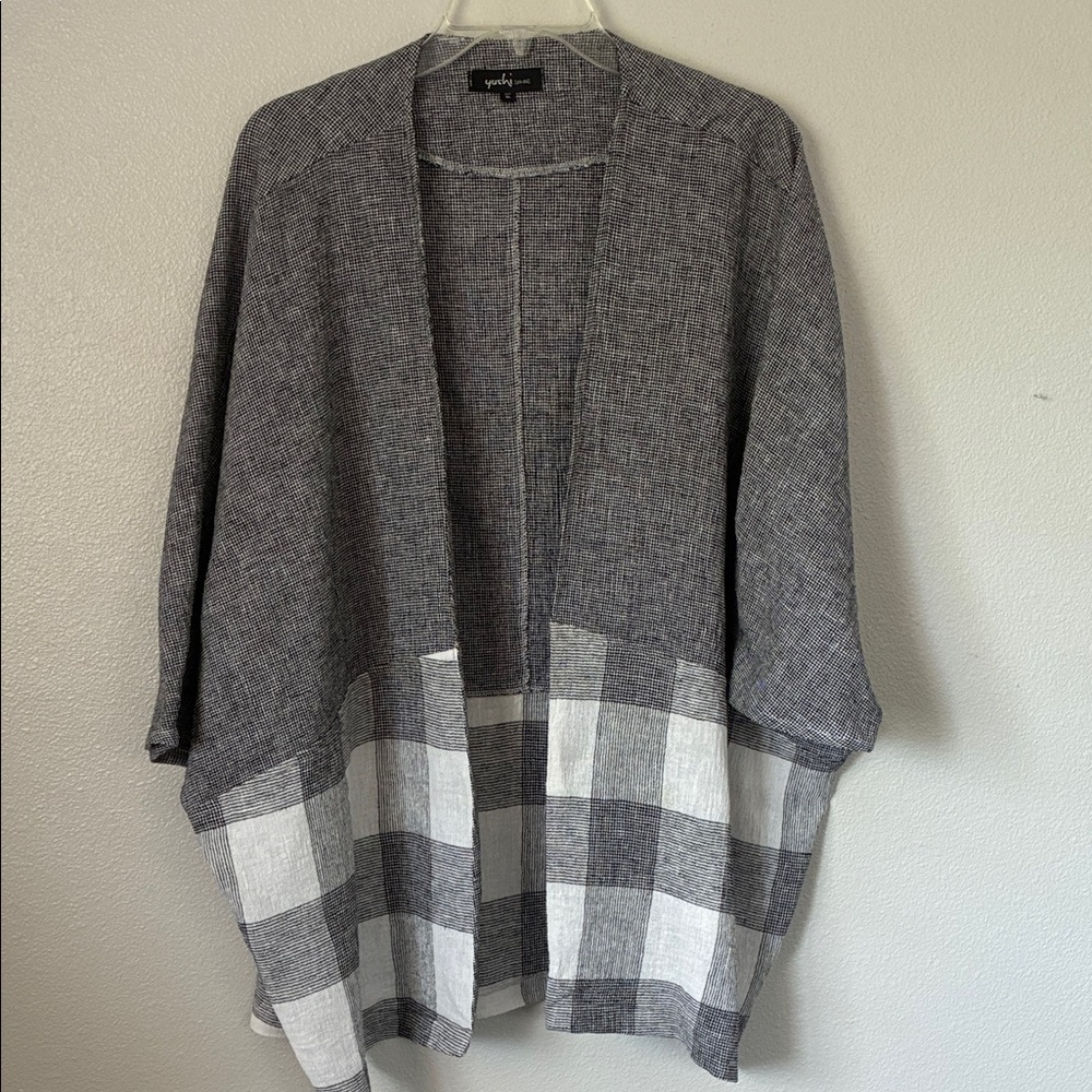 Yunji Gray Open-Front Plaid Hem Kimono Jacket
